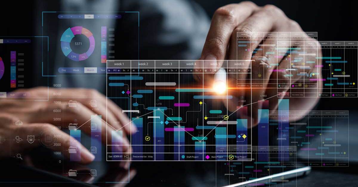 Business person's hands interacting with 3D project management dashboards